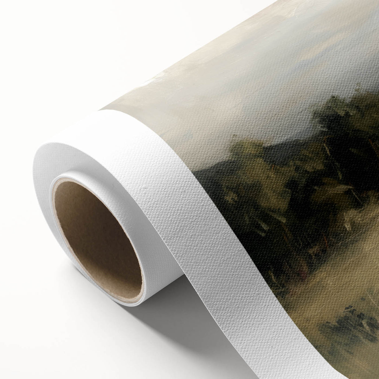 Vibrant rolled canvas artwork showcasing a stunning landscape design with rich colors and intricate details, elegantly packaged in a protective cardboard tube.