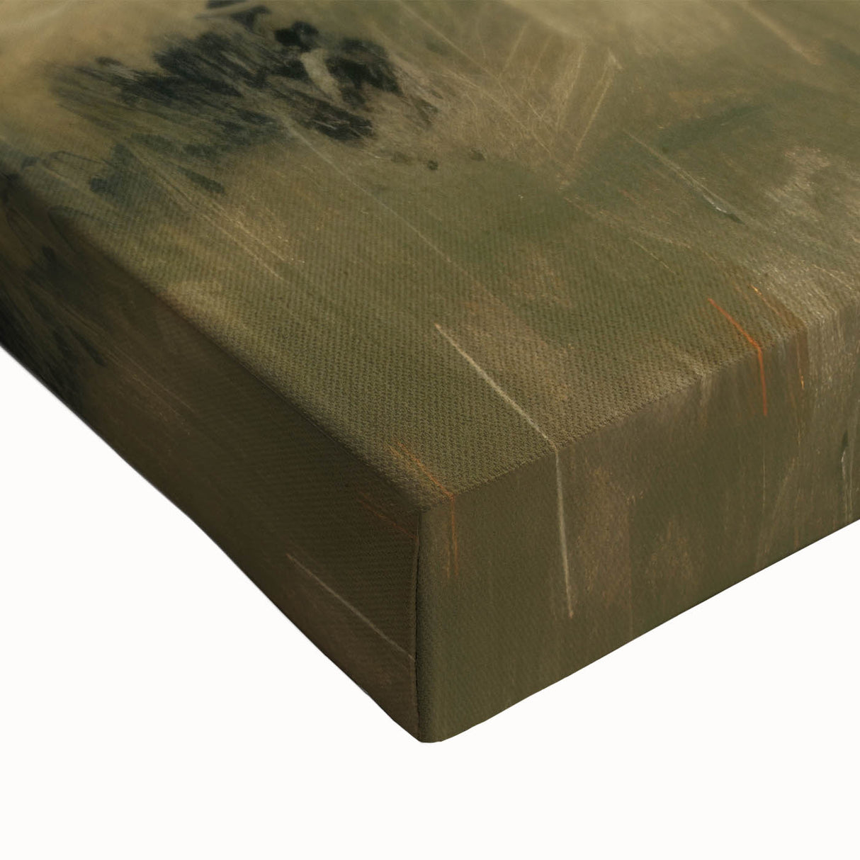 Close-up of a vibrant stretched canvas artwork depicting an abstract landscape with rich colors, perfect for modern home decor or art enthusiasts. The textured surface highlights intricate details that enhance visual interest, making it an ideal centerpiece for any room.