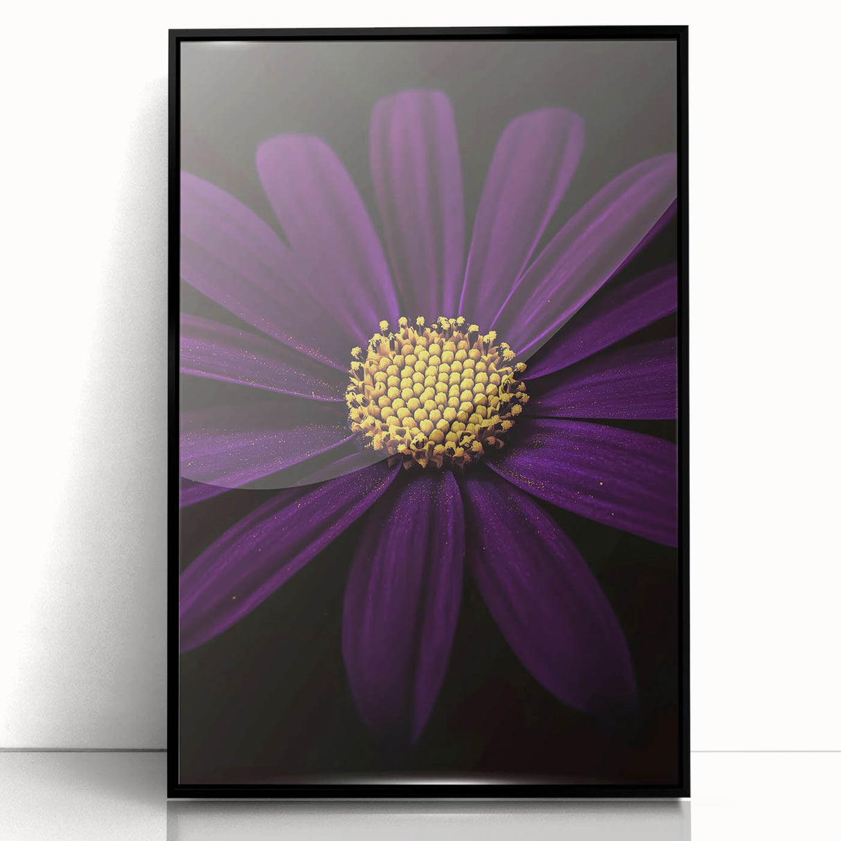 Large abstract wall art featuring close-up floral designs in vibrant colors on a black acrylic frame.