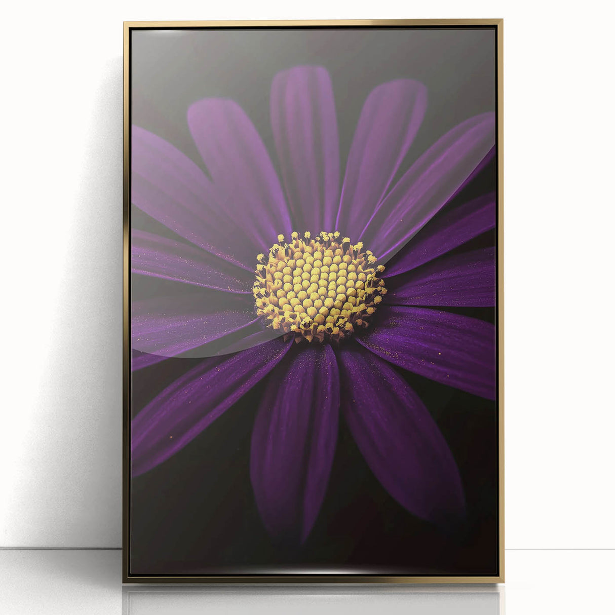Large art print of floral close-ups in a gold frame, featuring vibrant green and pink tones, ideal for nursery wall decor.