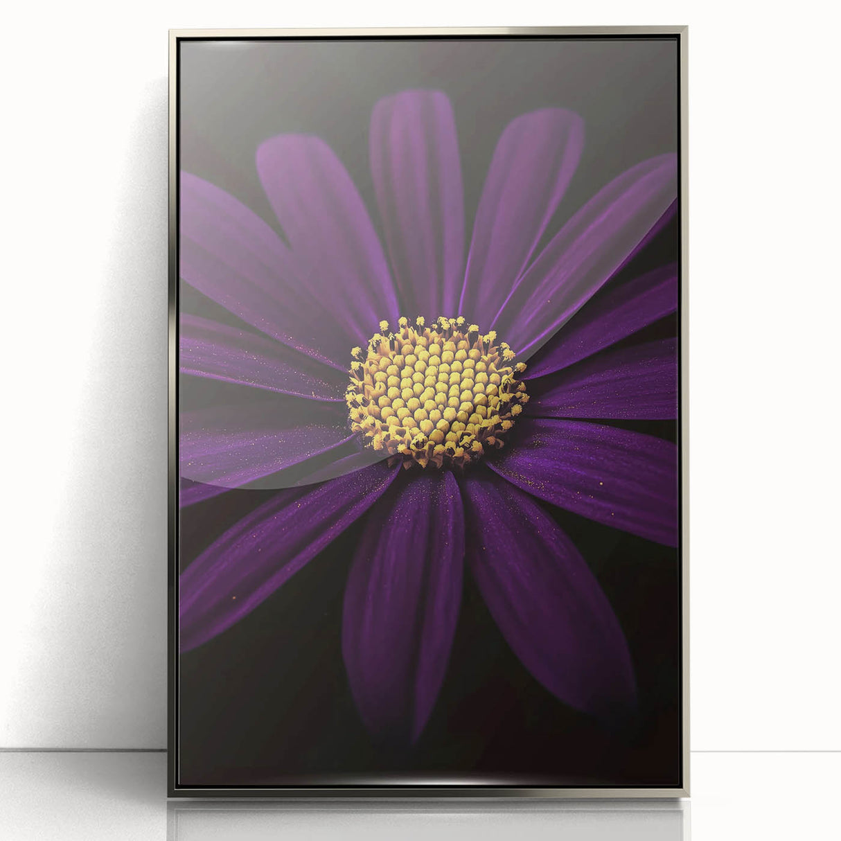 Mid-century modernist floral art on acrylic, framed in silver, with muted earth tones, suitable for nursery wall art.