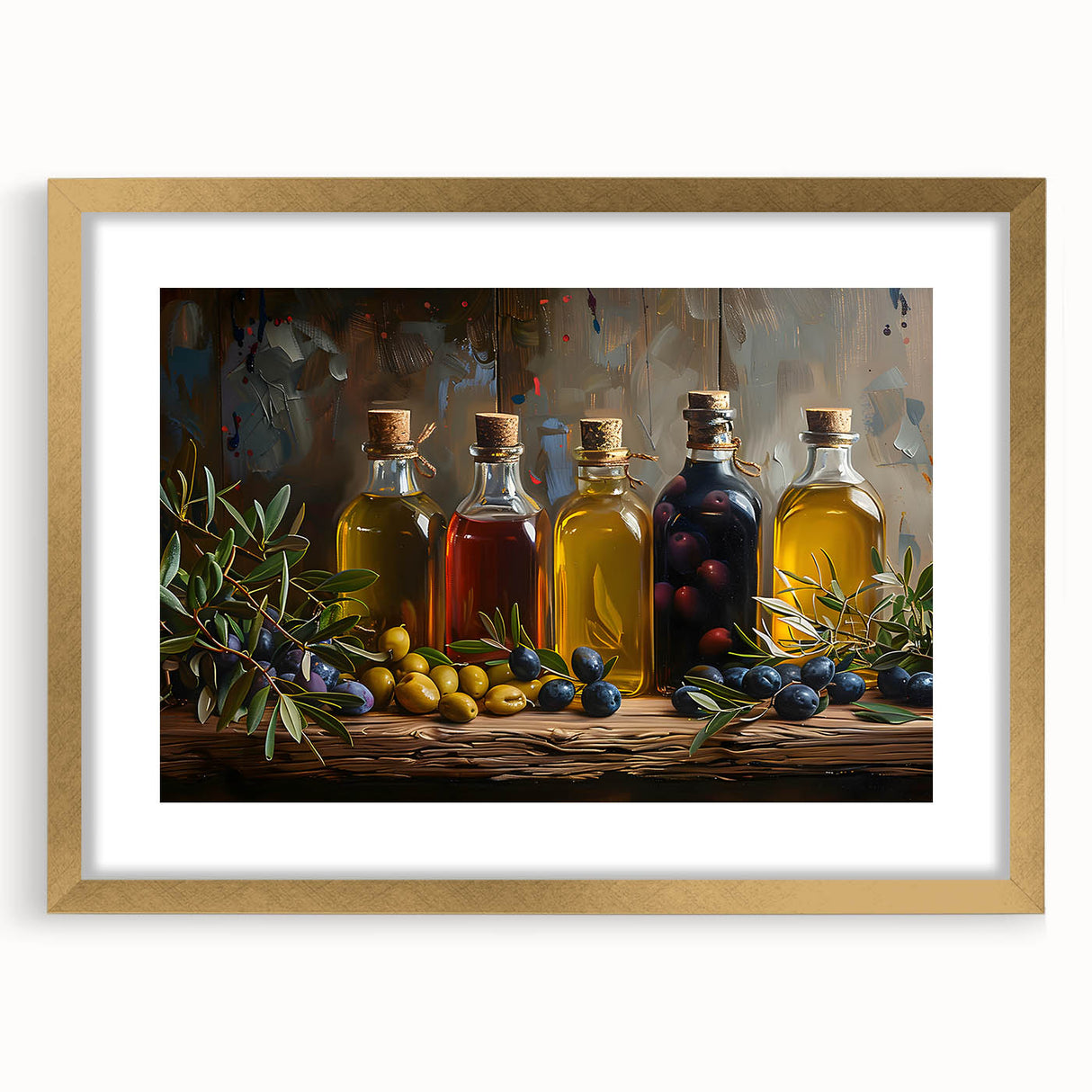 Rustic Olive Oil Bottles – Mediterranean Framed Kitchen Prints