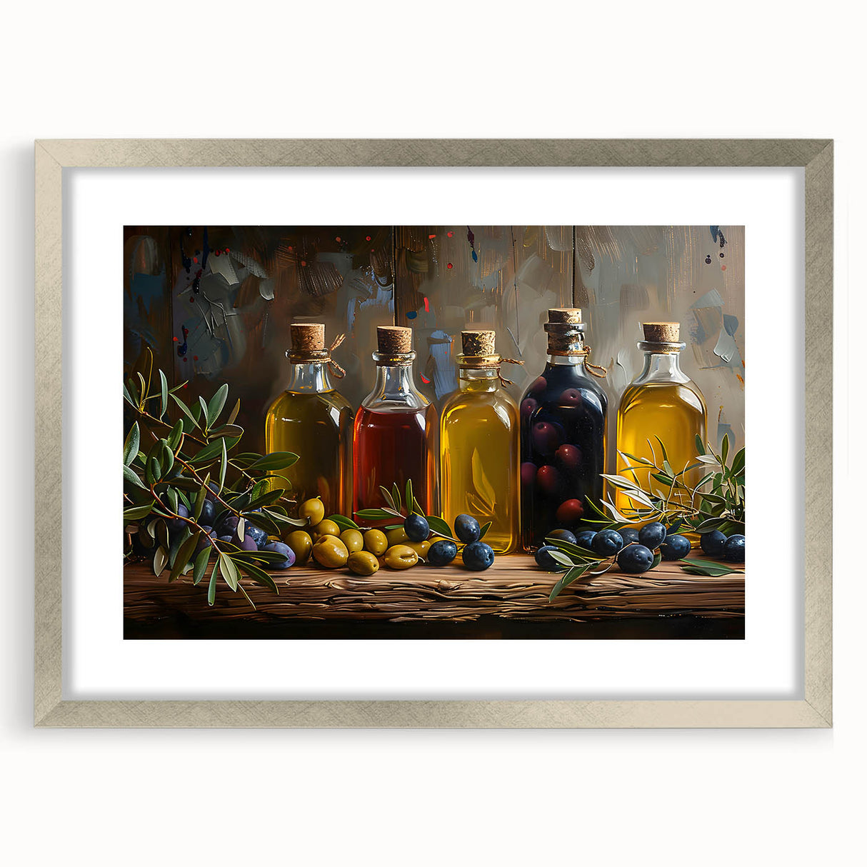 Rustic Olive Oil Bottles – Mediterranean Framed Kitchen Prints