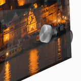 Mid-century modernist abstract of an Indian landscape in earthy tones on large acrylic glass, ideal for dining room art.