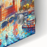 Large abstract depiction of London scenery in muted gray and blue tones on acrylic glass, ideal for dining room art.