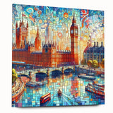 Large abstract depiction of the London skyline in muted gray and blue tones on acrylic glass.