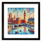 Abstract art print of London scenery in vibrant colors on a large textured canvas, suitable for living room decor.