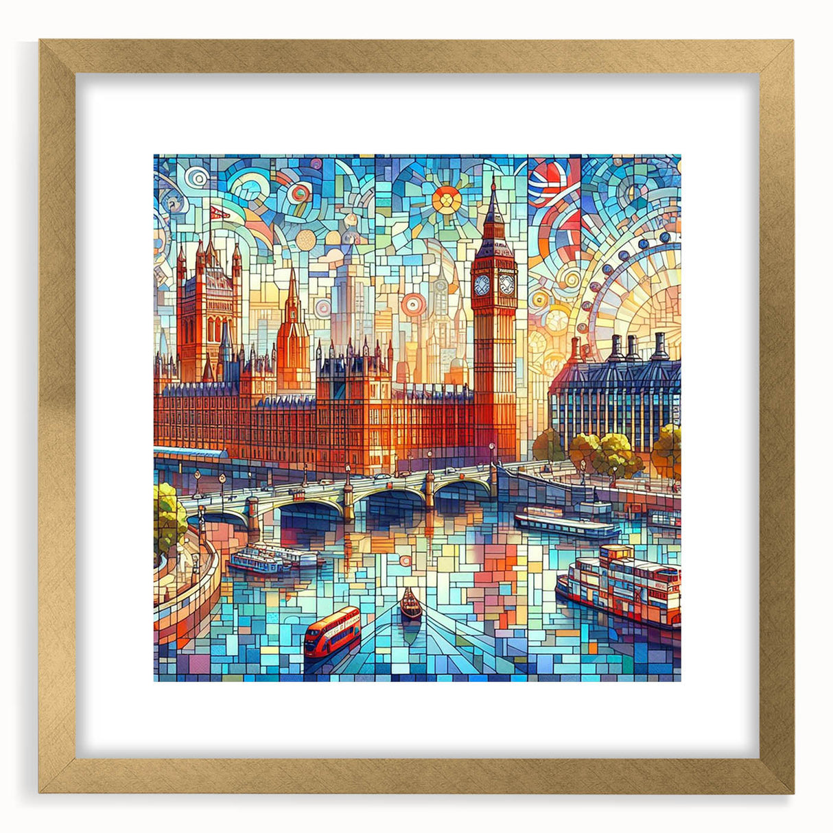 Abstract art print of London scenery in muted gray and blue tones, framed with a gold mat, suitable for dining room decor.