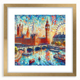 Abstract art print of London scenery in muted gray and blue tones, framed with a gold mat, suitable for dining room decor.
