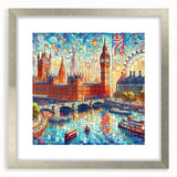 Extra large abstract art print of London scenery in textured silver frame, ideal for living room decor.