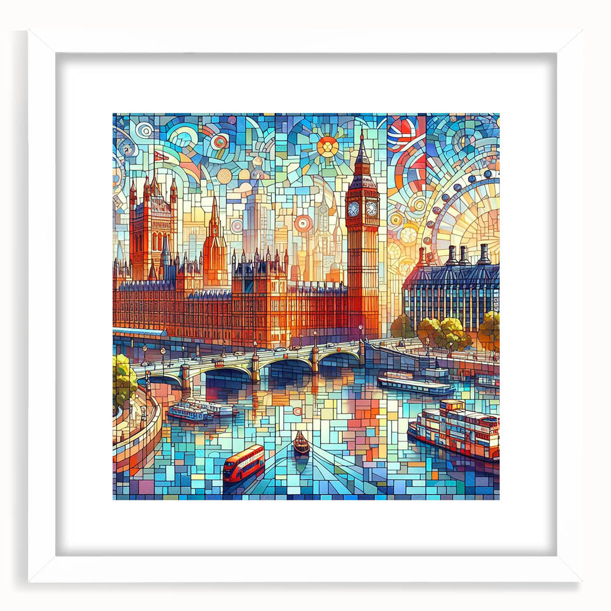 Textured abstract art print of London scenery in muted gray and blue tones, framed with a white mat, ideal for bedroom decor.