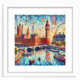 Textured abstract art print of London scenery in muted gray and blue tones, framed with a white mat, ideal for bedroom decor.