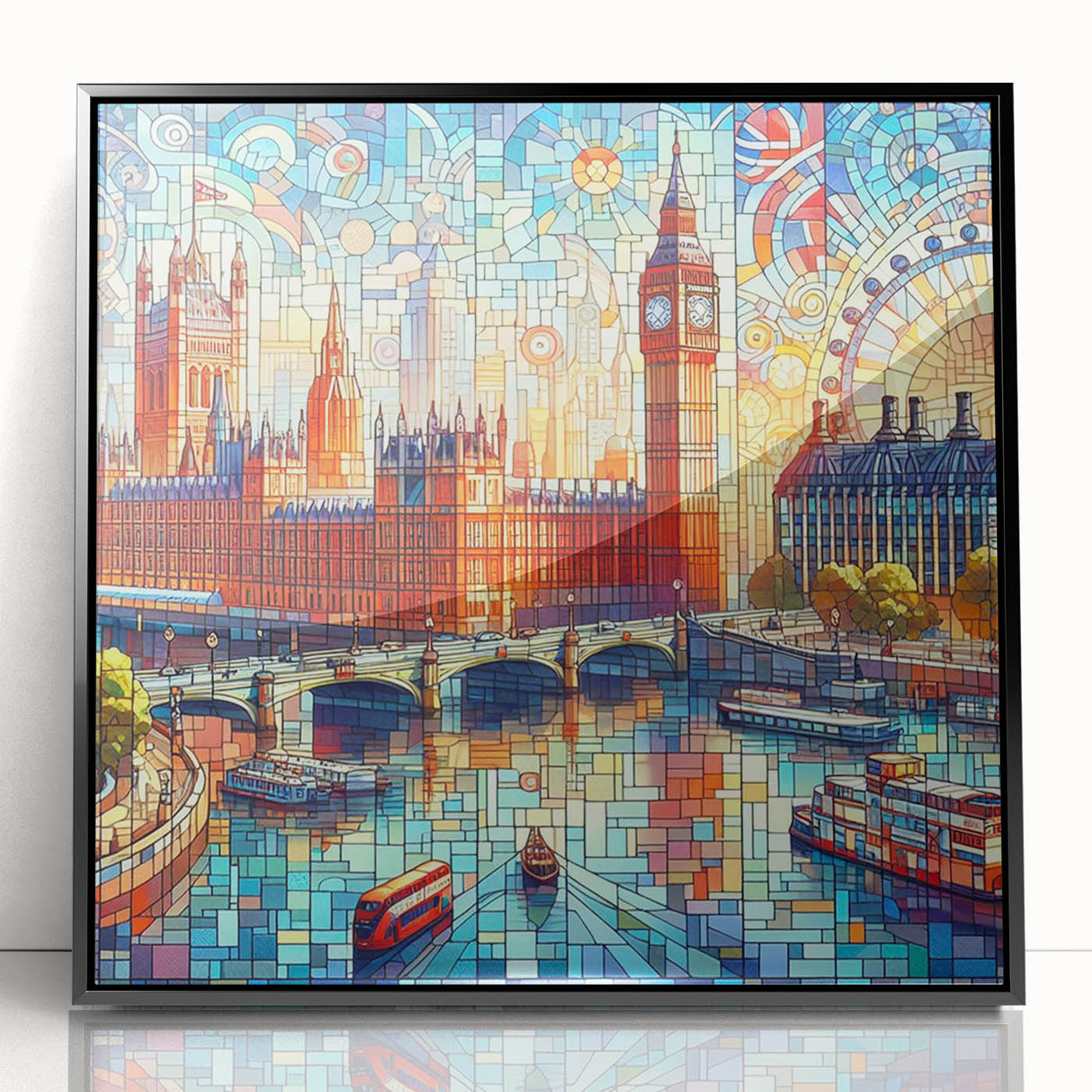 Large abstract wall art featuring a stylized London skyline in black and white on a framed acrylic.