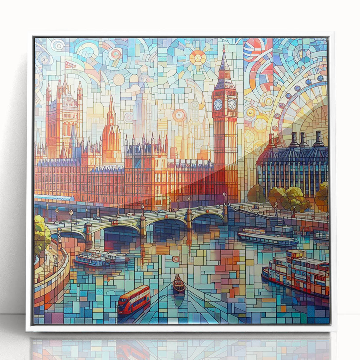 Mid-century modernist art of London skyline in muted blue tones on framed acrylic, suitable for nursery wall art.
