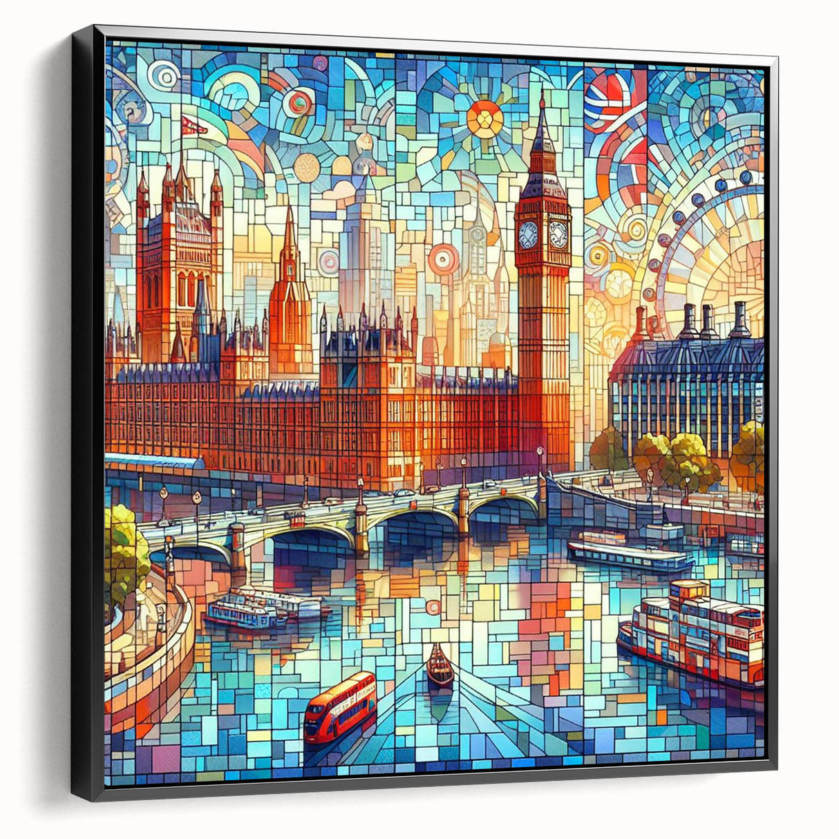 Black and white framed canvas featuring a vintage-style London landscape, ideal for bedroom wall art.