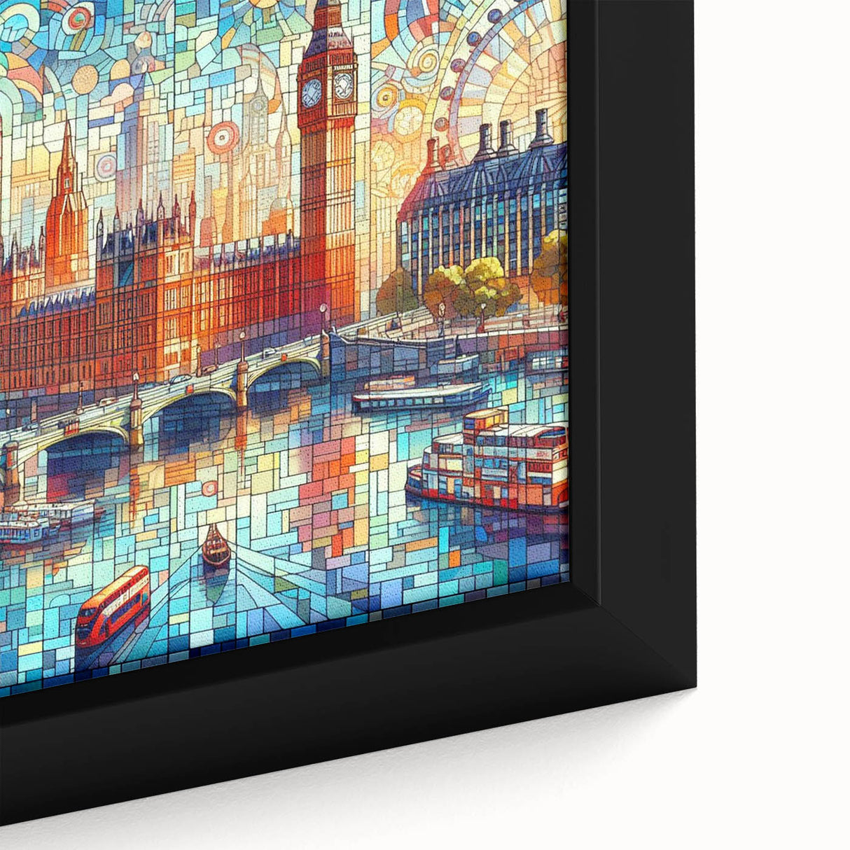 Black wall art depicting a textured view of London with vibrant color accents on a framed canvas.