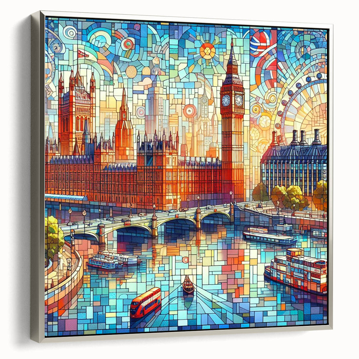 Landscape art painting of London featuring a vintage poster style on a framed canvas, with colorful and black elements.