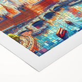 Art deco poster of London skyline in monochrome shades on rolled canvas, suitable for dining room decor.