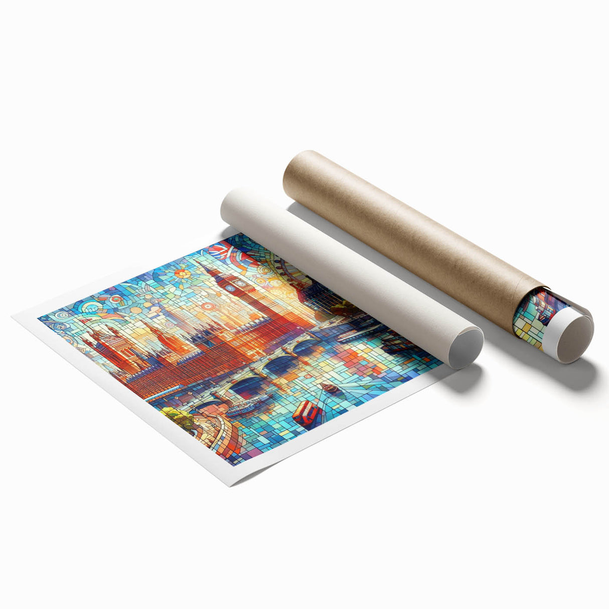 Extra large rolled print of London scenery with muted floral accents, ideal for classy bathroom wall art.