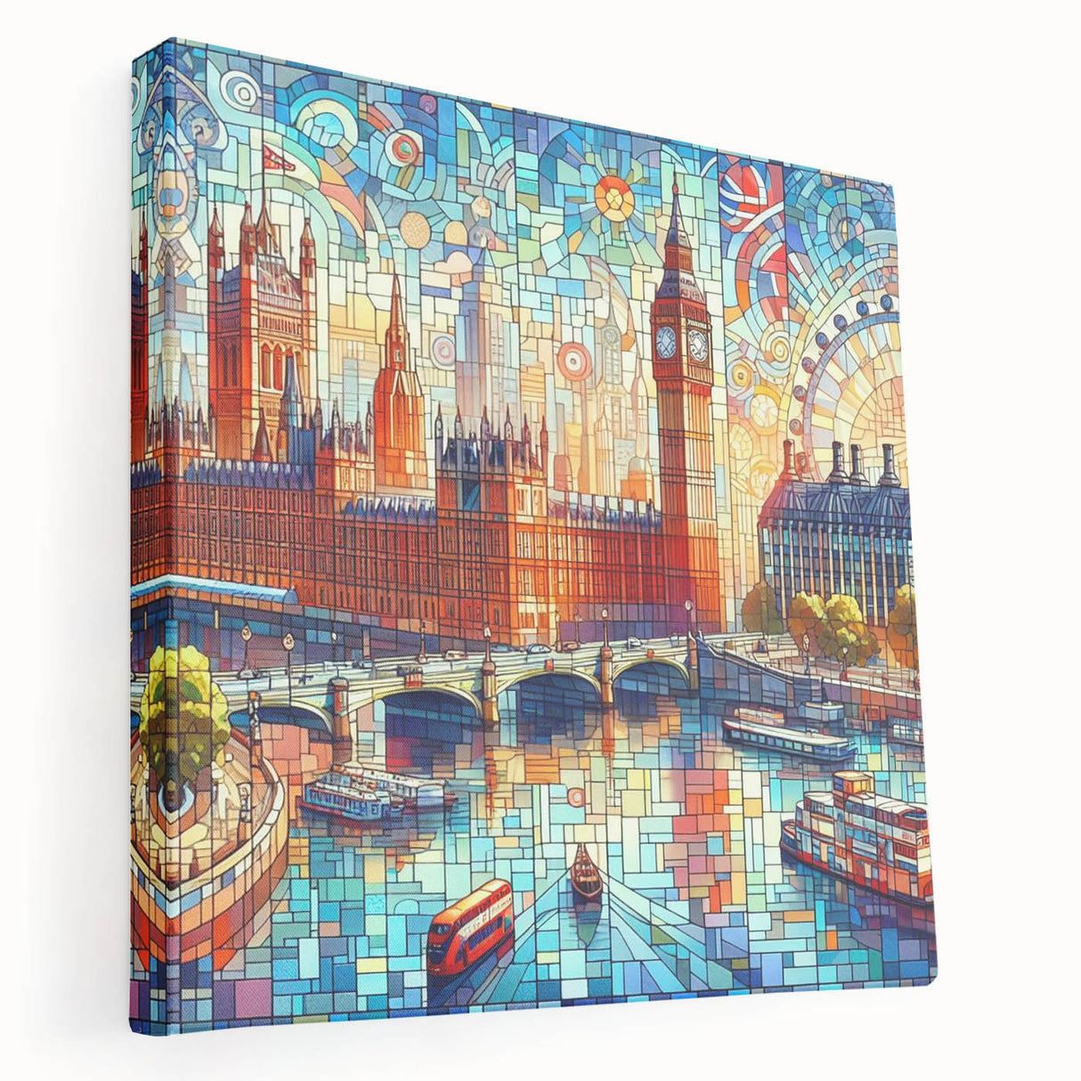 London skyline depicted in muted gray and blue tones on a large stretched canvas, suitable for kitchen wall art.