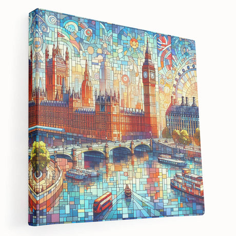London skyline depicted in muted gray and blue tones on a large stretched canvas, suitable for kitchen wall art.