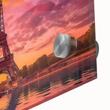 Large abstract depiction of Paris in muted gray and blue tones on acrylic glass, suitable for dining room art.