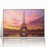 Mid-century modernist art of Paris scenery on a white framed acrylic, featuring muted pastel colors.