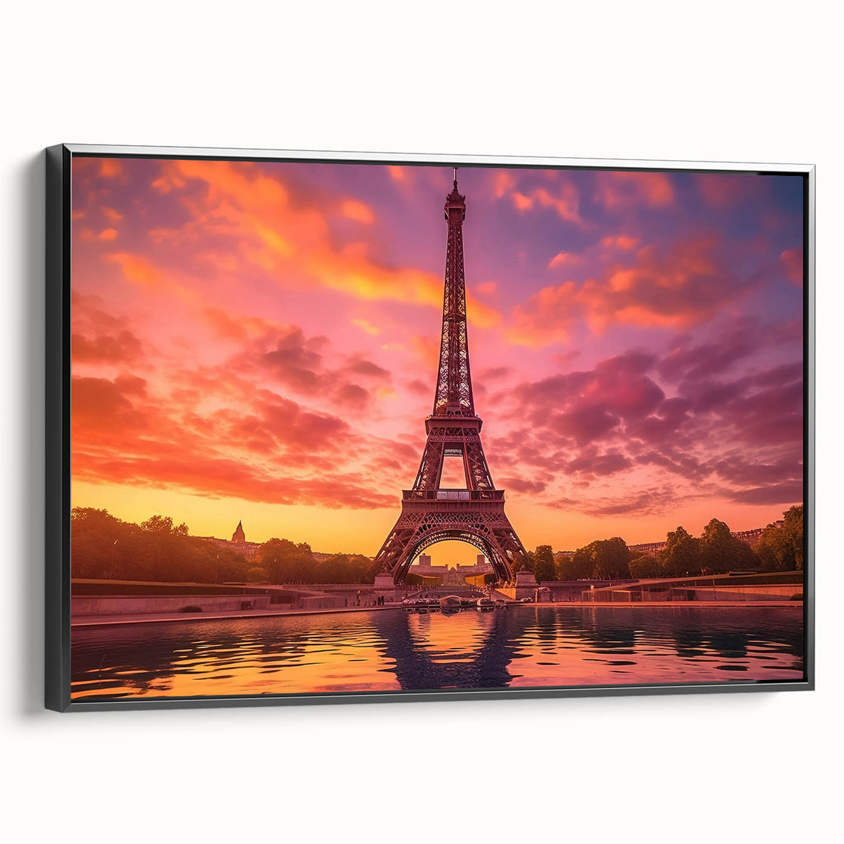 Black and white vintage poster art of Paris landscape on framed canvas, ideal for bedroom wall decor.