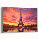 Landscape art painting of Paris with colorful vintage poster style on a black framed canvas, ideal for living room decor.