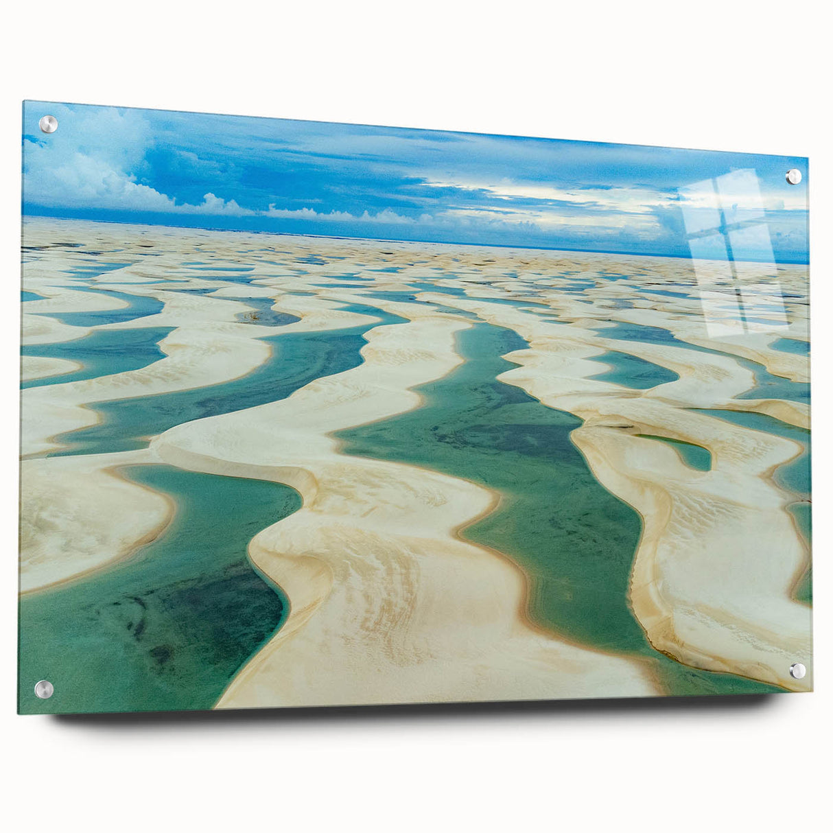 Abstract art print of a Brazilian landscape in vibrant green and blue tones on acrylic glass, ideal for dining room decor.