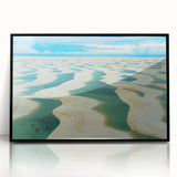 Large abstract wall art depicting a vibrant Brazilian landscape in mid-century modernist style, acrylic framed in black.