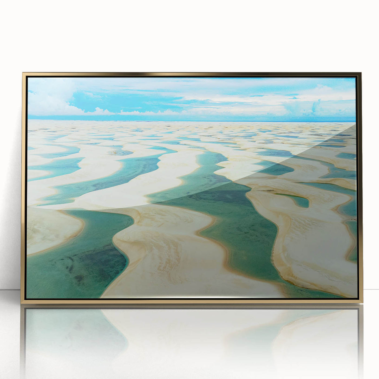 Framed acrylic print of a Brazilian landscape in mid-century modernist style, featuring gold and green tones.
