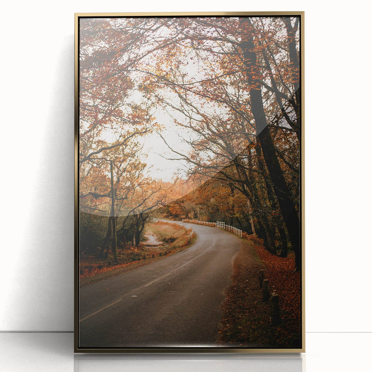 Large art print of a mid-century modernist autumn scene in warm gold tones, framed acrylic, ideal for modern art wall decor.
