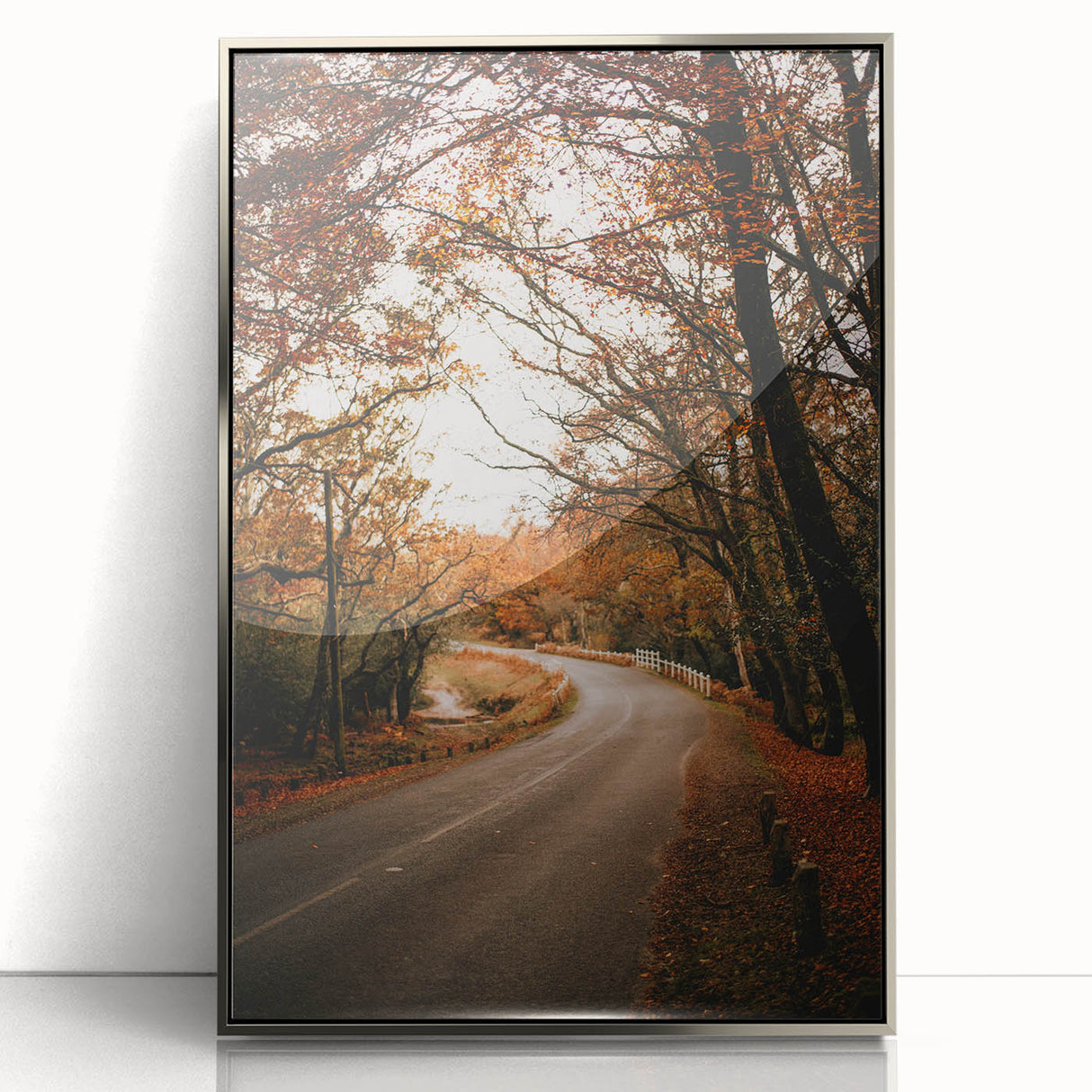 Mid-century modernist art depicting autumn leaves in warm orange and red hues, acrylic print framed in silver.