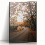 Mid-century modernist art depicting autumn leaves in warm orange and red hues, acrylic print framed in silver.