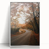 Art deco poster of fall scenery on acrylic, framed in white, featuring orange and brown tones, ideal for nursery wall art.