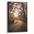 Black and white framed canvas featuring a vintage landscape painting of autumn trees, ideal for bedroom decor.