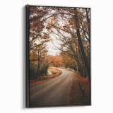 Black and white framed canvas featuring a vintage landscape painting of autumn trees, ideal for bedroom decor.