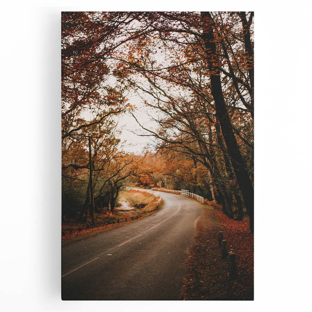 Large black and white abstract depiction of fall trees on stretched canvas, ideal for kitchen wall art.