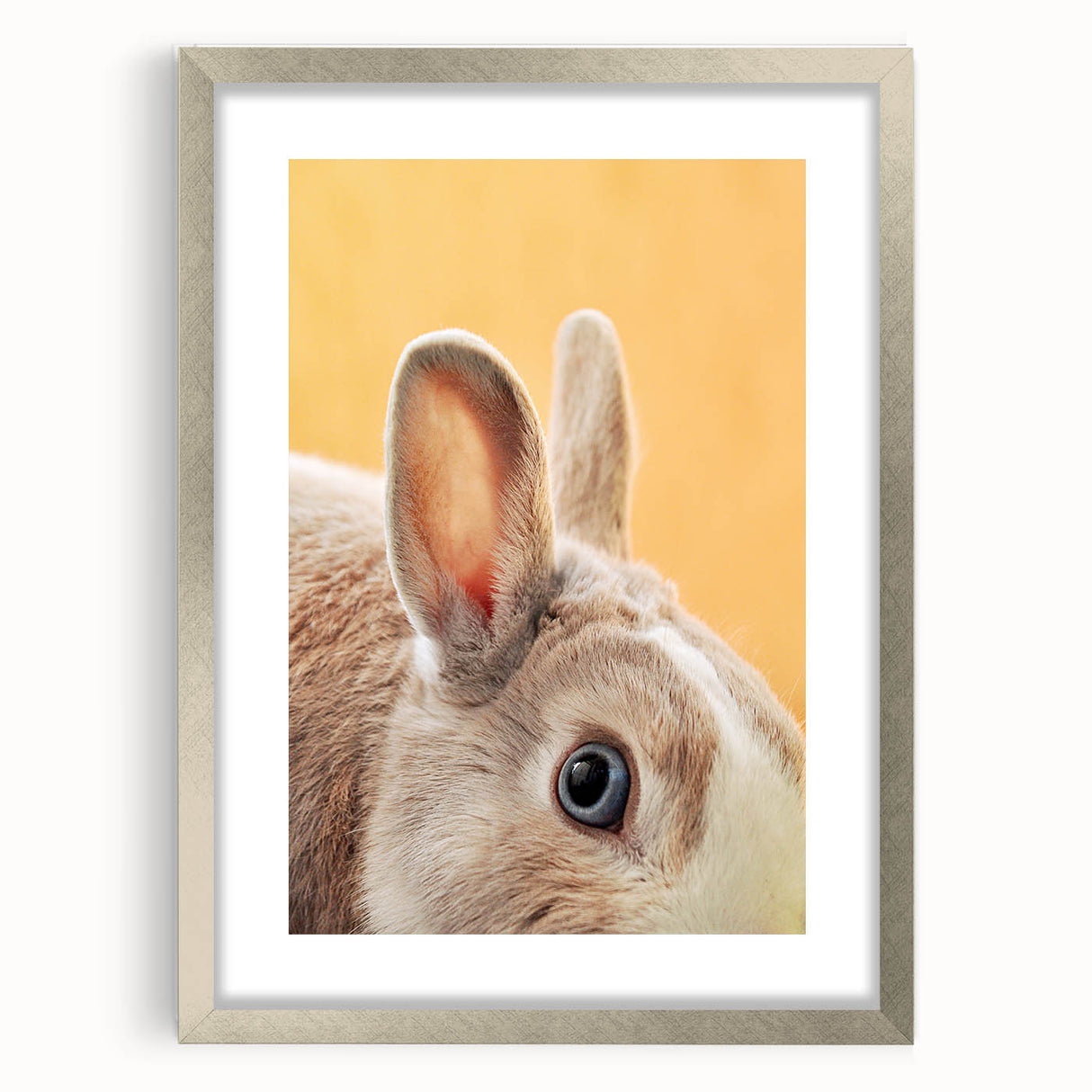 Textured art print of abstract spring themes in soft green and yellow tones on a framed silver canvas.