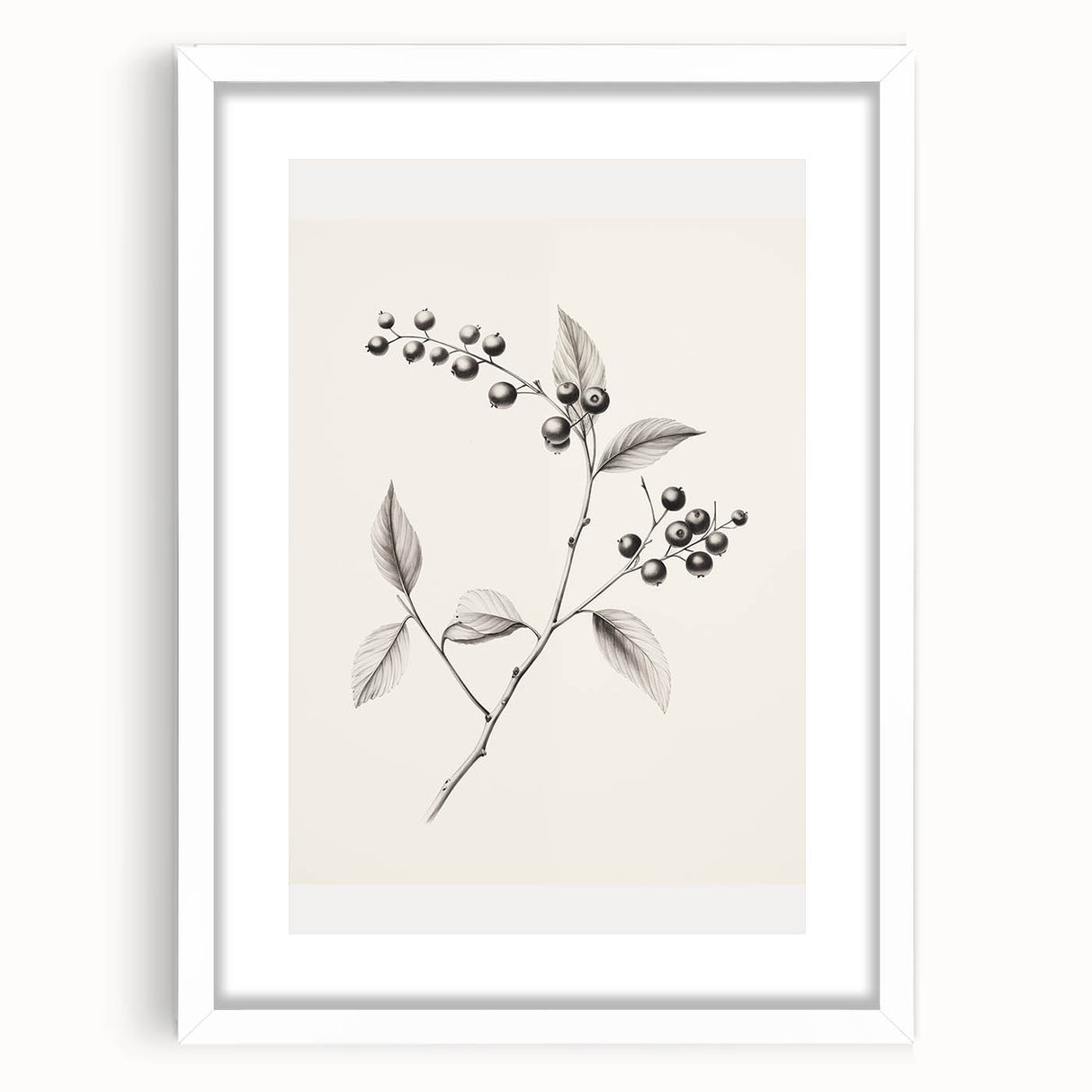 Abstract art print depicting winter theme in muted blue and white tones, framed with a white mat.