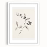 Abstract art print depicting winter theme in muted blue and white tones, framed with a white mat.