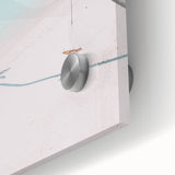 Large abstract wall art on acrylic glass featuring swirls of orange and blue.