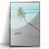 Mid-century modernist art depicting abstract shapes in soft pink and silver tones on a framed acrylic.