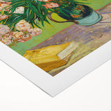 Art deco poster of abstract geometric shapes in muted gold and teal on rolled canvas, suitable for dining room decor.