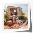 Extra large wall art featuring a caravan of vintage vehicles in muted earth tones on glossy photo paper.