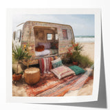 Extra large wall art featuring a caravan of vintage vehicles in muted earth tones on glossy photo paper.