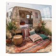 Side view of a caravan depicted in muted earth tones on acrylic glass, suitable for bedroom or dining room decor.