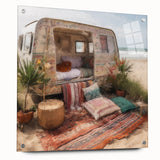Side view of a caravan depicted in muted earth tones on acrylic glass, suitable for bedroom or dining room decor.