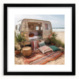 Extra large abstract art print featuring a colorful, textured caravan design on a black framed canvas.